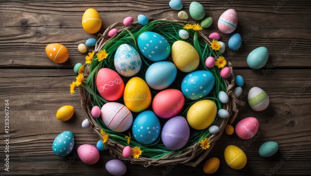 Poster Vibrant Easter eggs arranged in a decorative nest with flowers on a rustic wooden background creating a festive spring atmosphere.