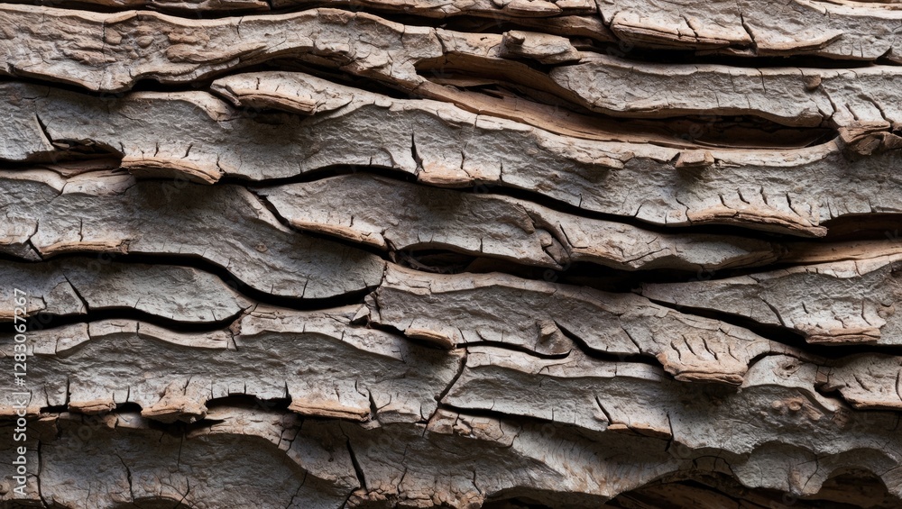 Poster Detailed closeup of textured tree bark showcasing intricate patterns and natural weathering in earthy tones and organic shapes.