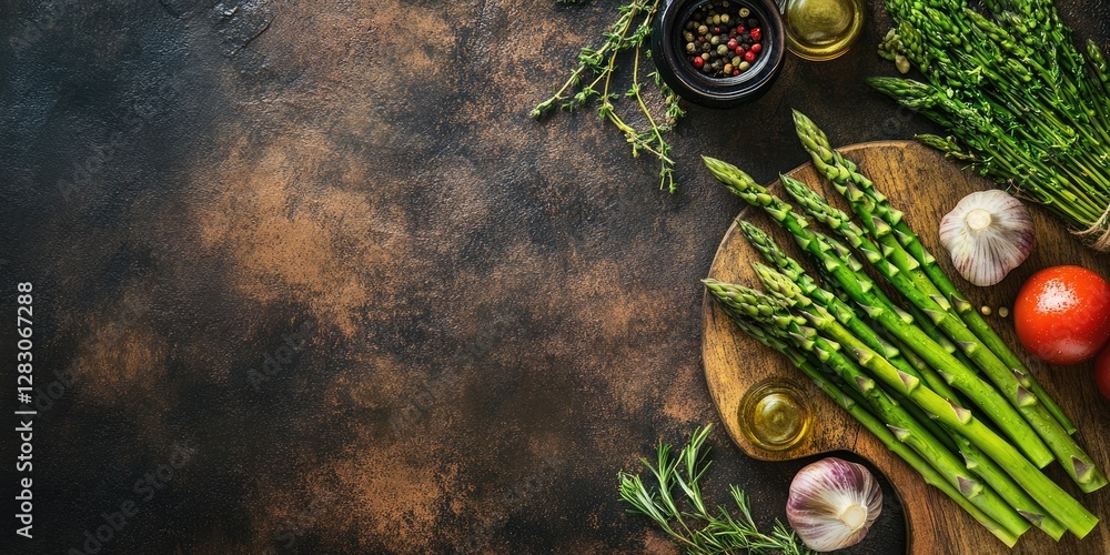 Poster Fresh asparagus and vegetables on a rustic wooden board with herbs and spices scattered on a dark textured background to create a culinary scene.