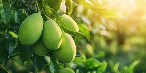 Vibrant green mangoes cluster on a lush tree with sunlit leaves in a serene outdoor setting, capturing the essence of fresh tropical fruit.