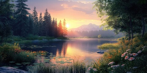 Fototapeta premium Tranquil sunrise over a serene lake surrounded by lush green trees and vibrant wildflowers reflecting soft orange and pink hues in the water