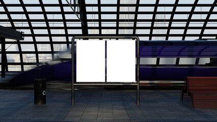 3D Render. Blank billboard in corridor the airport. Useful for your advertising.