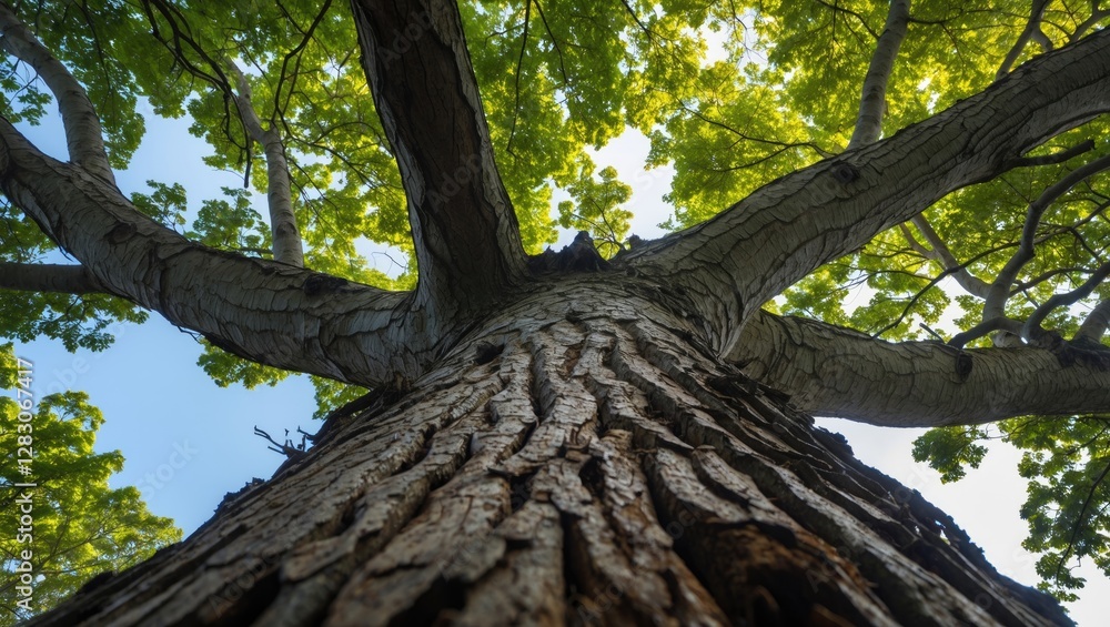 Aufkleber tranquil view from below a towering tree showcasing its textured trunk and lush green leaves in sunl