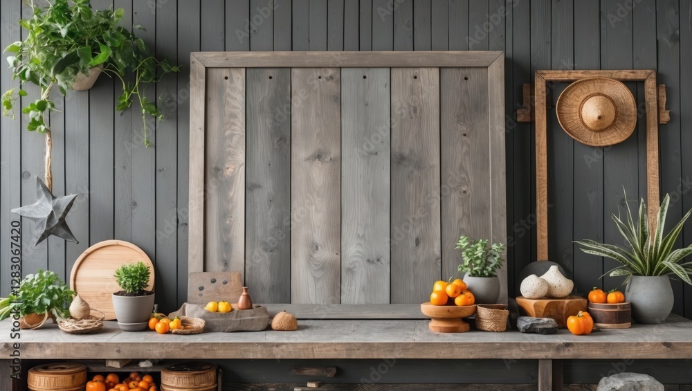 Poster rustic gray wood board background with decorative elements and autumn fruits on a shelf creating a c