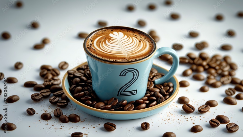 Poster Coffee cup with number two latte art surrounded by roasted beans on a soft white background ideal for cafe or beverage promotions.