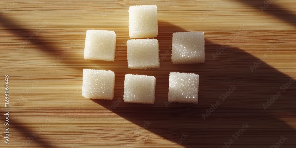 Poster sugar cubes neatly arranged in a square pattern on a wooden surface casting shadows, featuring a nat