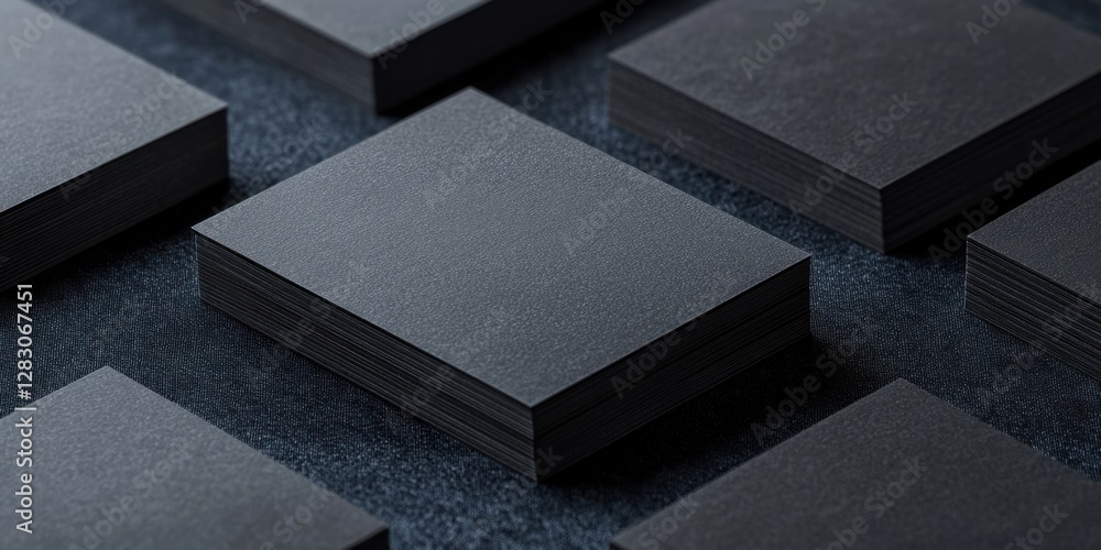 Poster black business cards arranged in a stack on a textured dark denim background emphasizing branding de