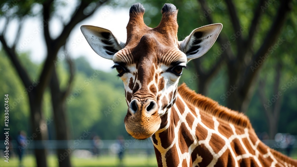 Poster majestic giraffe portrait showcasing intricate patterns and expressive gaze against a blurred green 