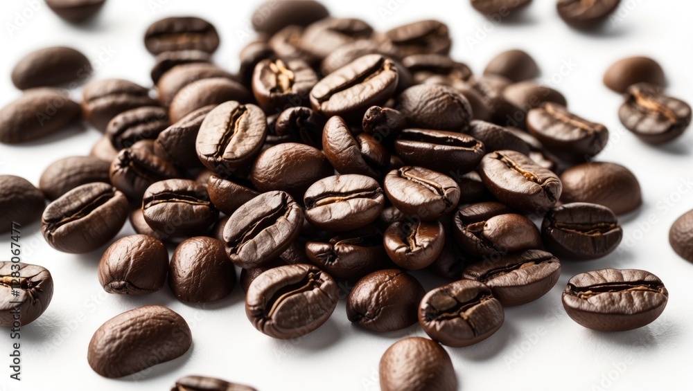 Poster richly roasted coffee beans arranged on a white background with ample space for creative text or bra