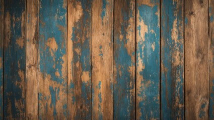 Obraz premium Textured vintage wood paneling with worn blue and brown paint creating a rustic and grunge background for design projects and templates.