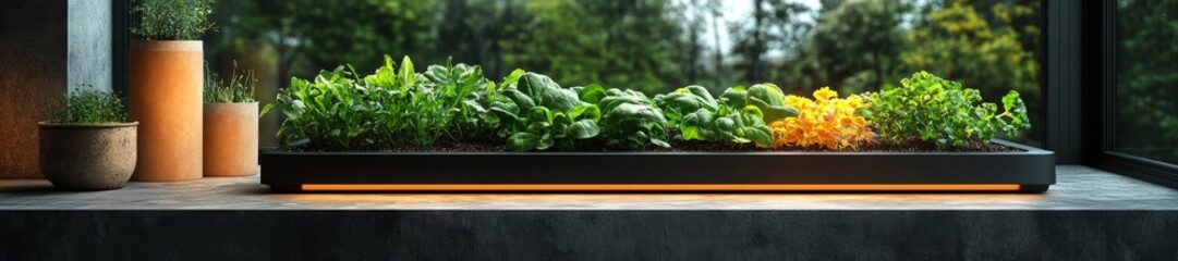 Beautiful Indoor Hydroponic Garden with Fresh Vegetables and Herbs in a Sunlit Window Space. Generative AI