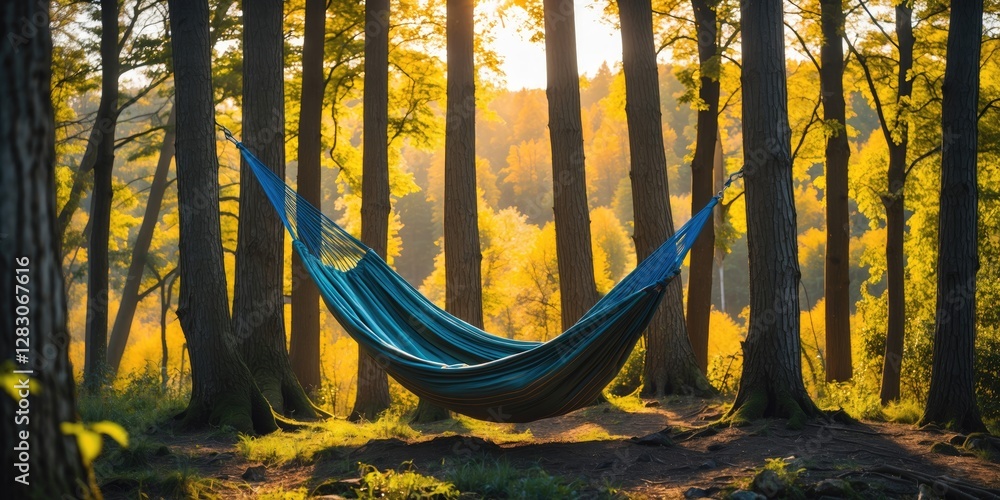 Poster hammock suspended between trees in lush forest with golden foliage and warm sunlight creating serene