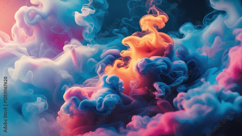 Poster colorful abstract smoke patterns swirling in vibrant hues of pink, blue and orange creating a visual