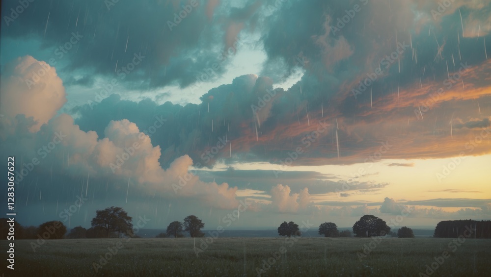 Poster dramatic evening sky with heavy clouds and rain before sunset creating a serene yet moody landscape 