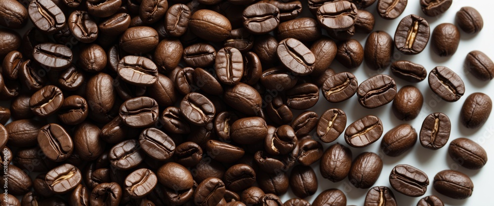 Poster Close up of assorted coffee beans scattered on a white background showcasing texture and color variations for food and beverage concepts.