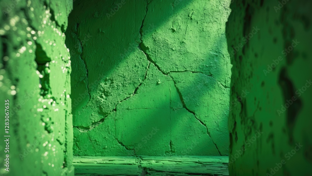 Poster textured green cement wall with cracks and shadows creating depth for use in backgrounds or design p