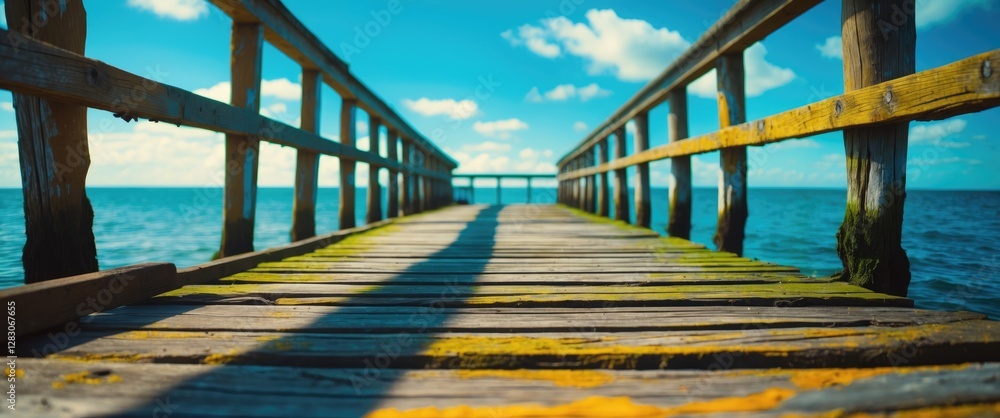 Poster close up view of a weathered wooden pier extending into a vibrant blue ocean under a clear sky and s