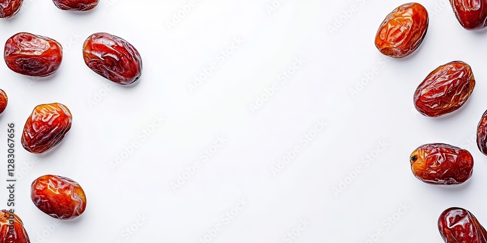 Poster Flat lay of rich brown dates arranged around a white background with ample negative space in the center for text or design elements.