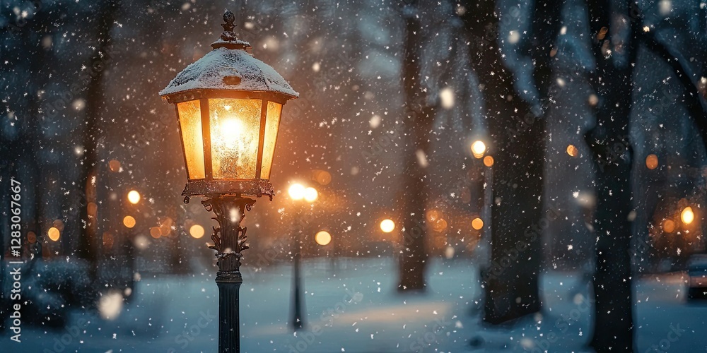 Aufkleber Magical lantern glowing warmly in a snowy park setting with soft orange light surrounded by falling snowflakes and softly lit background trees