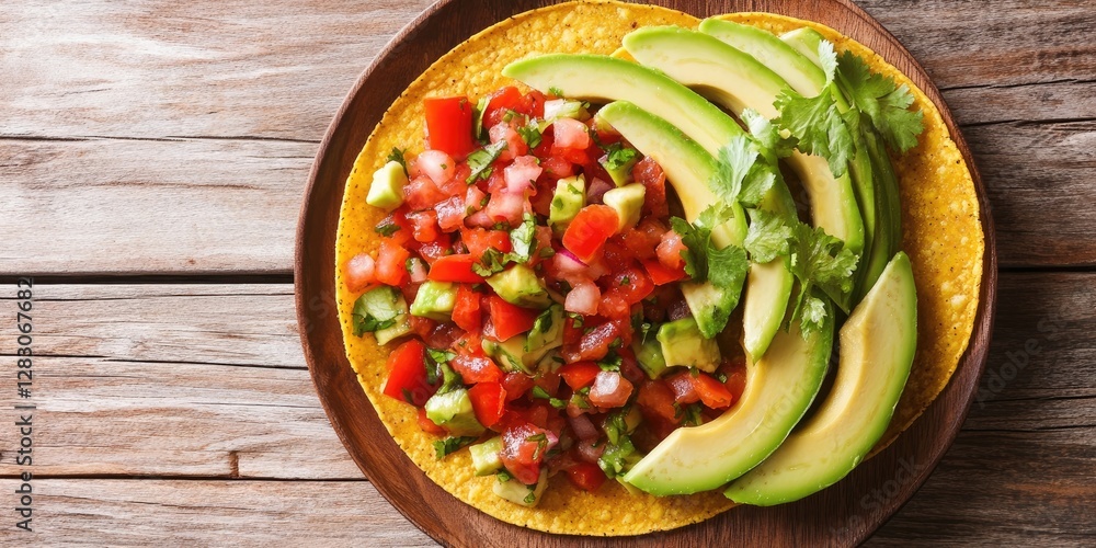 Aufkleber red corn tortilla with vibrant pico de gallo salsa and fresh avocado slices on a wooden plate, surro