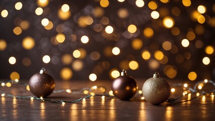 Festive background with golden and brown bokeh lights and ornaments creating a warm and inviting atmosphere for holiday celebrations.