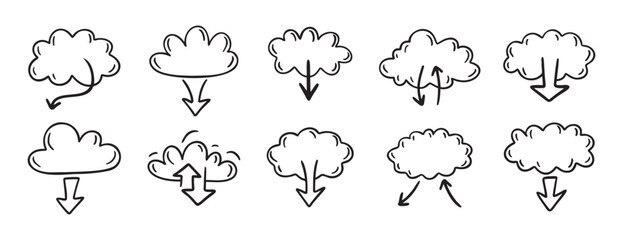data server cloud with arrow for internet database, digital storage doodle hand drawn icon set. Outline drawing data server cloud line clipart symbol collection
