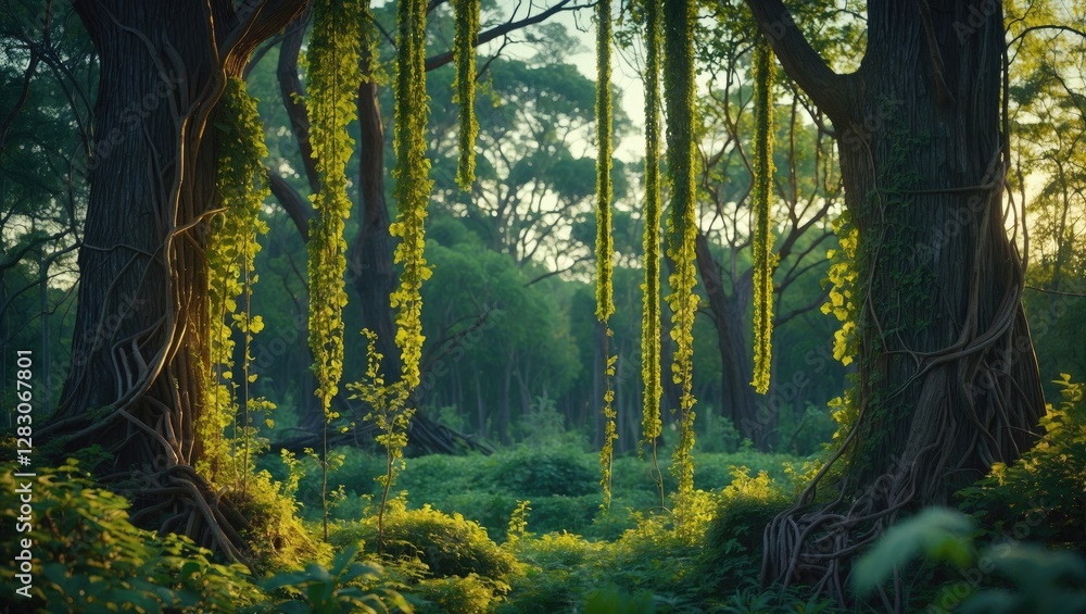 Poster lush forest scene with cascading vines and dense greenery creating a serene and enchanting atmospher