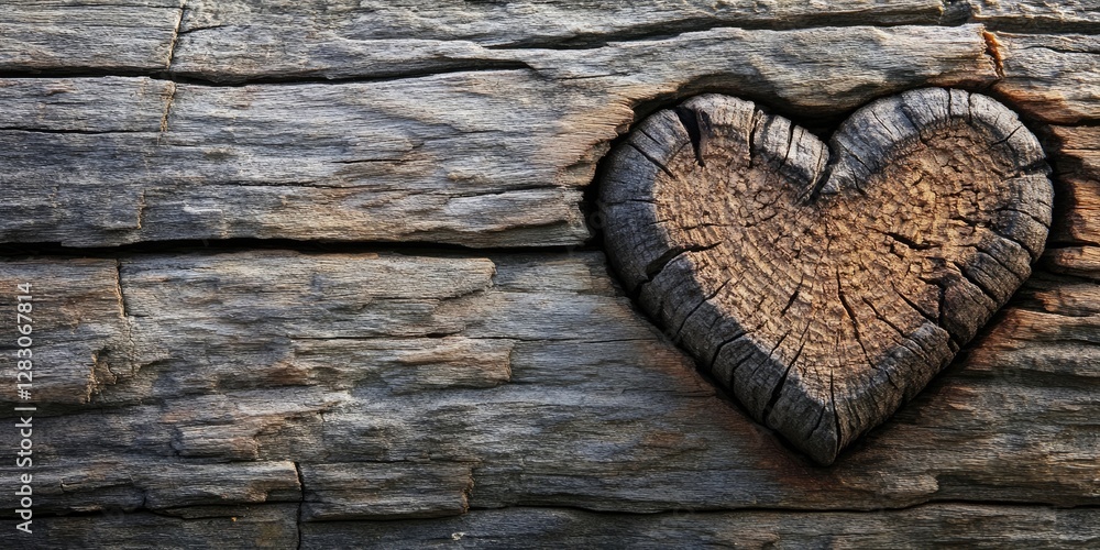 Fototapete Heart shape carved into textured dark brown wood surface with visible grain patterns highlighting rustic charm and warmth.