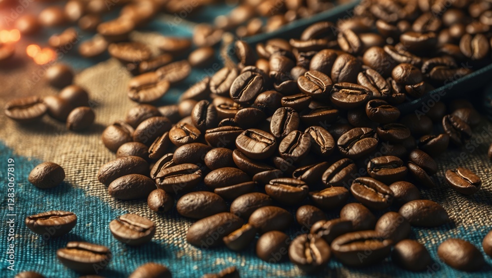 Aufkleber dark roasted coffee beans scattered on a textured canvas surface with warm tones and shallow depth o