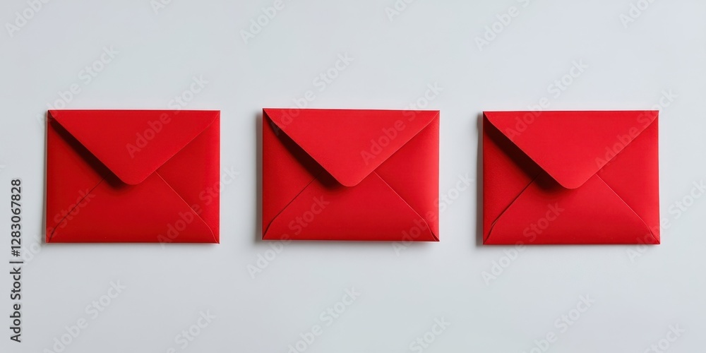 Poster three vibrant red envelopes arranged neatly in a row on a clean white background creating a striking