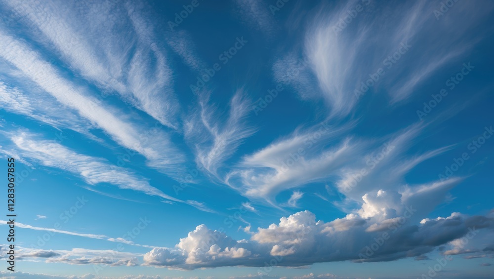 Poster serene cirrus clouds swirling across a bright blue sky creating a tranquil daytime atmosphere for ba