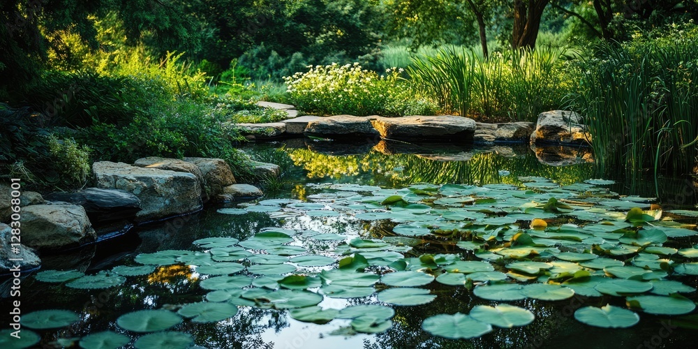 Poster lily pond landscape featuring tranquil reflections with lush greenery and rocks in afternoon light c