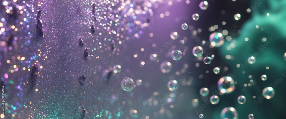 Poster glittering violet and emerald bubbles on a textured background creating an abstract shimmering effec