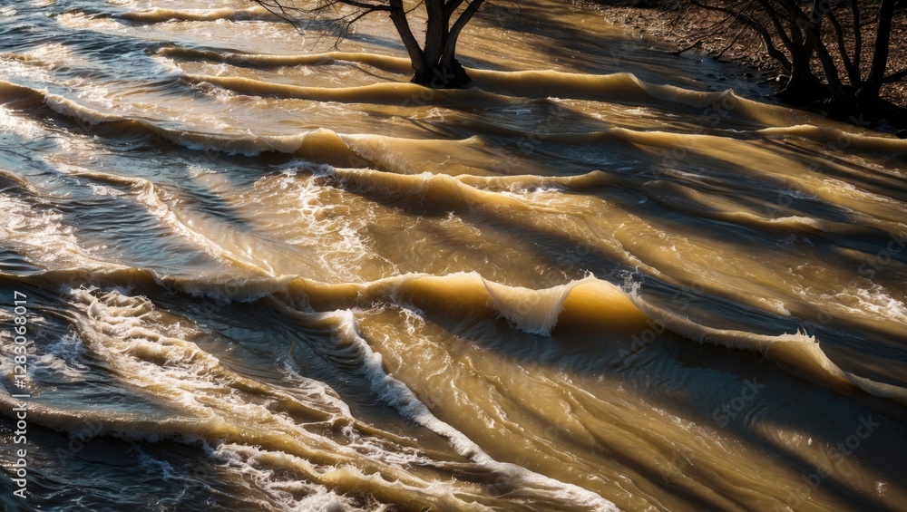 Poster Waves flowing through muddy river water with tree shadows casting intricate patterns on the surface during golden hour.