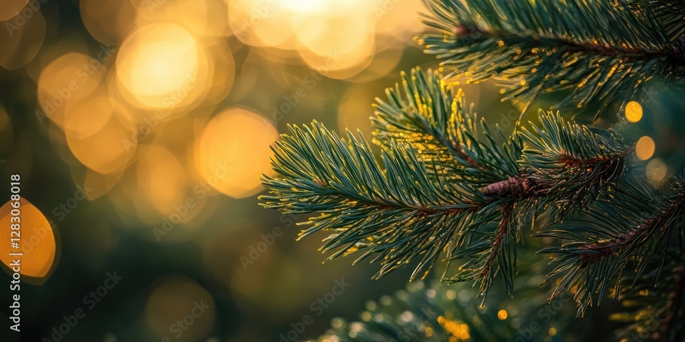 Poster golden bokeh lights create a warm background with a close-up of vibrant pine branches positioned to 