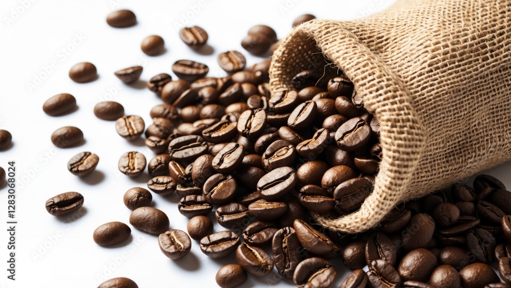 Poster coffee beans spilling from a burlap sack on a white background showcasing freshness and rich color f