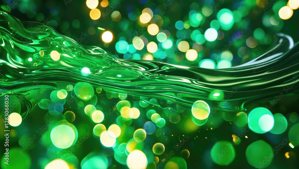 Poster shimmering green bokeh effect with fluid light overlay creating a vibrant nature-inspired abstract b