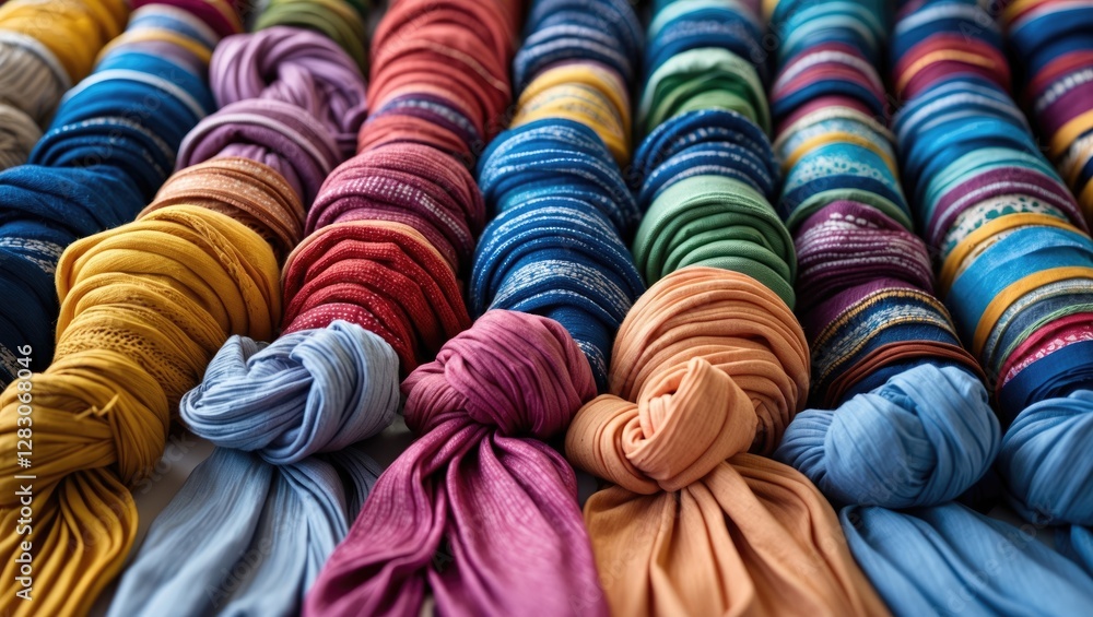 Poster Colorful knotted scarves arranged in neat rows showcasing various textures and patterns, ideal for fashion and textile designs.
