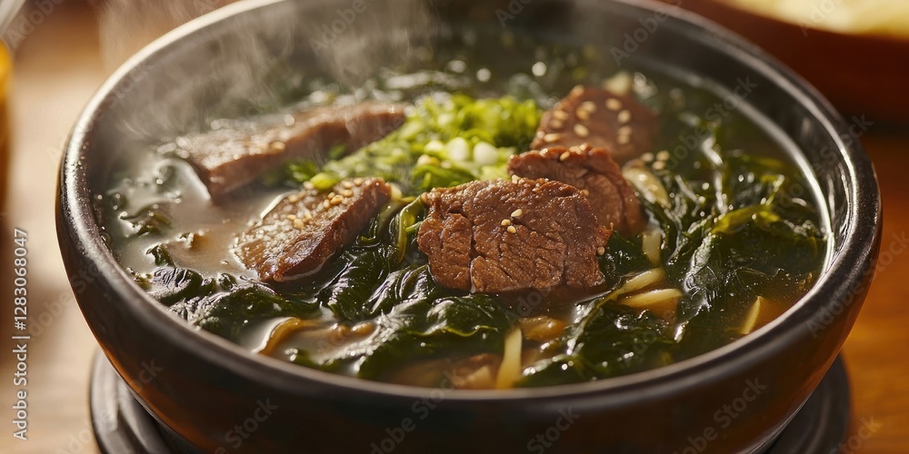 Poster steaming bowl of beef and seaweed soup with chopped green onions and sesame seeds topped in a dark c