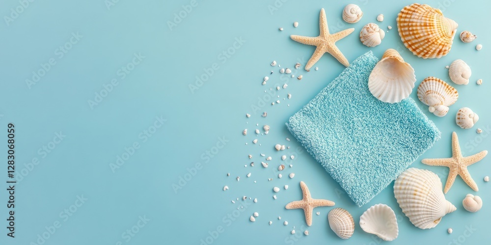 Poster seashells and starfish arranged on a pastel blue background with a soft turquoise towel positioned i