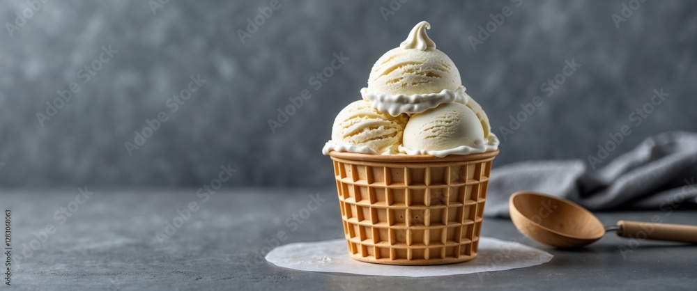 Aufkleber Delicious Vanilla Ice Cream Served in a Waffle Cup on a Gray Table with Empty Space for Text or Branding