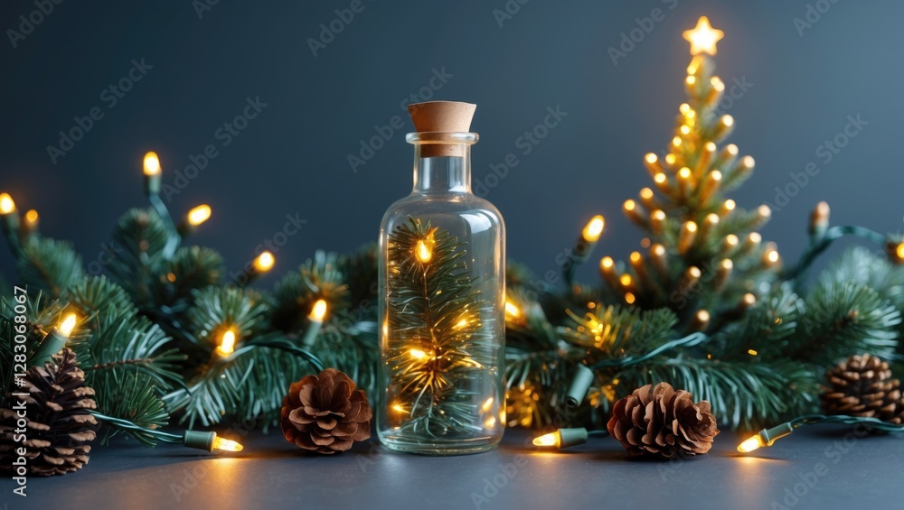 Poster glass bottle with christmas tree branches and lights creating a festive atmosphere for new year card