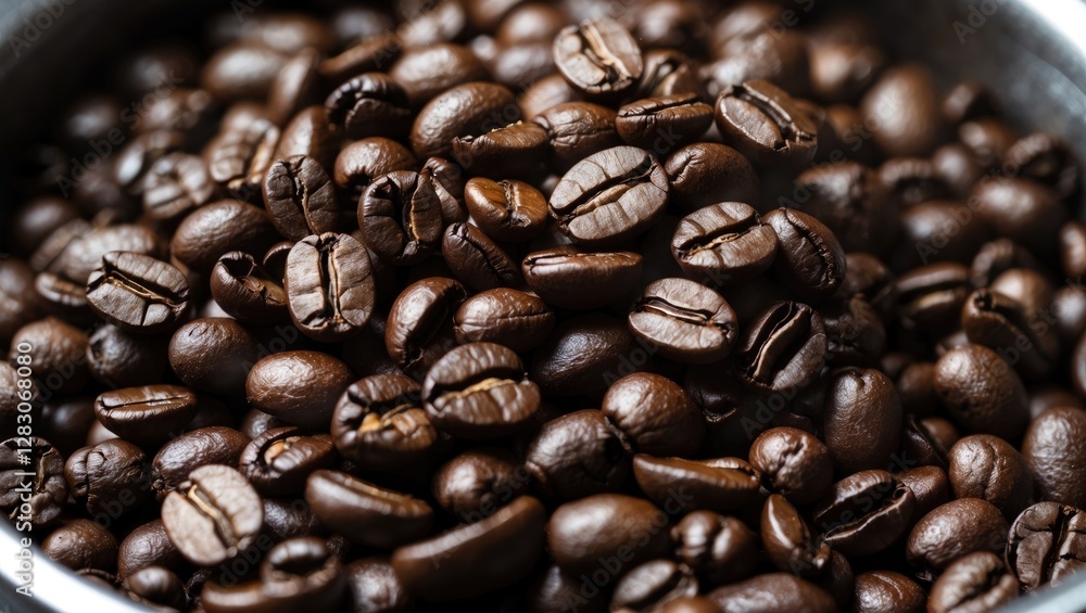 Poster Coffee beans close-up in a metallic container showcasing their rich texture and color ideal for beverage and culinary related designs.
