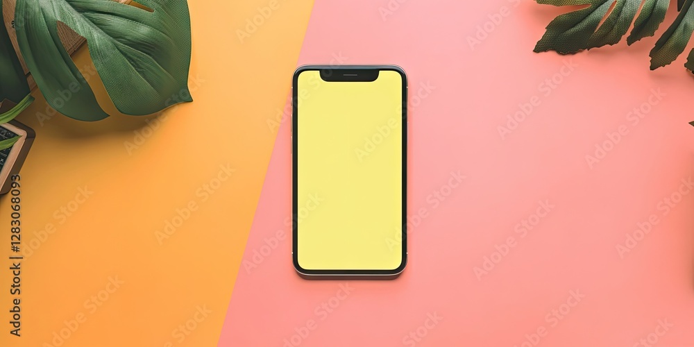 Poster mockup of a smartphone on a split background with yellow and pink colors surrounded by plants, showc