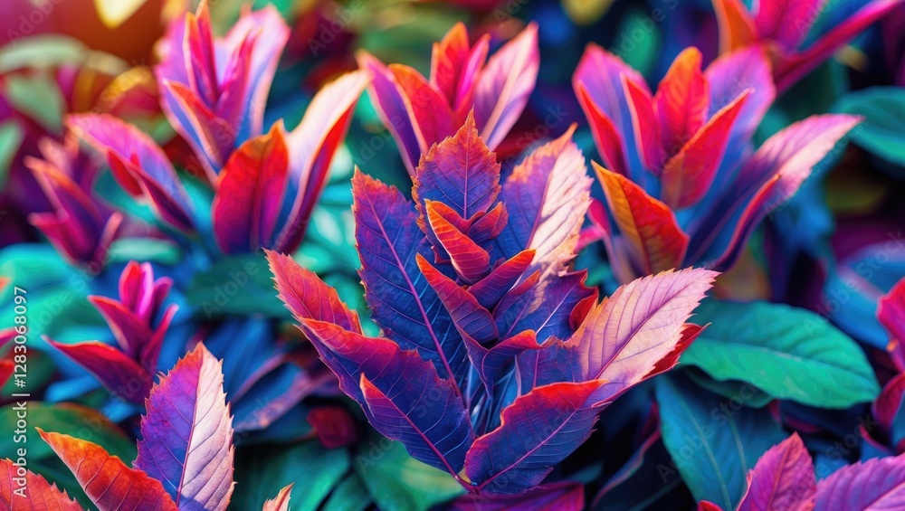 Aufkleber Vibrant close-up of multi-colored leaves creating a striking natural texture and background ideal for artistic and botanical themes.