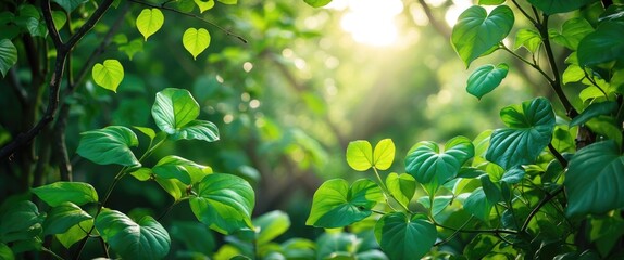 Lush Green Heart-Shaped Leaves in Sunlit Forest Creating a Serene Natural Atmosphere