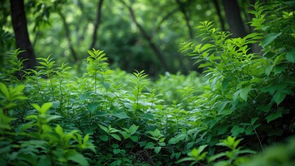 Obraz premium Lush green foliage in a dense natural forest setting providing an immersive and tranquil outdoor atmosphere.
