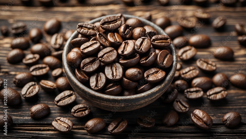 Poster Coffee beans in a rustic bowl surrounded by scattered beans on a textured wooden surface for a warm, inviting still life composition