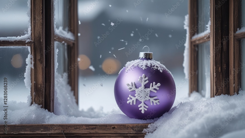 Poster purple white christmas ornament with textured snowflake resting on a snow-covered window sill creati