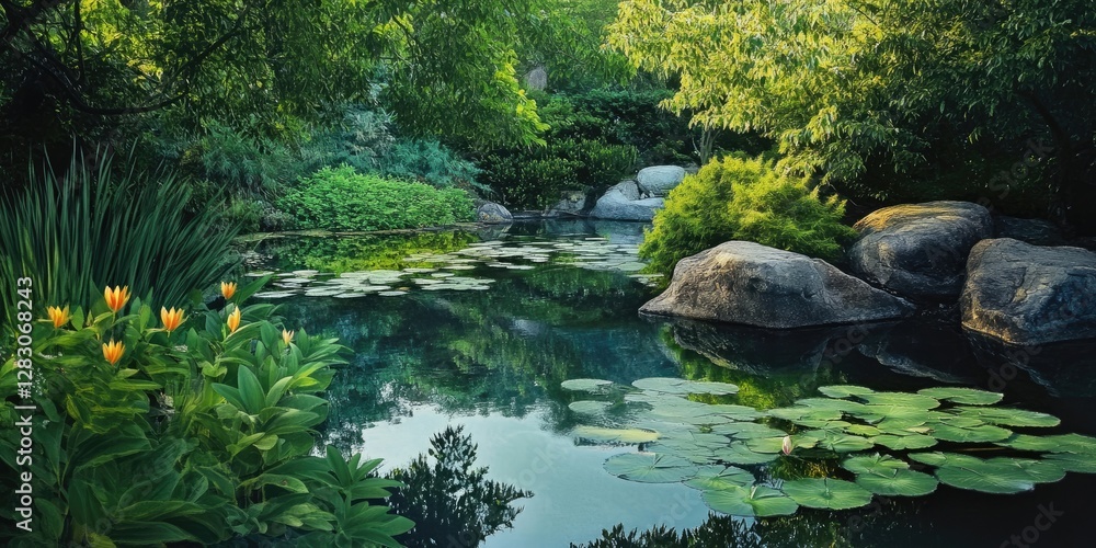 Poster tranquil lily pond landscape featuring lush greenery and serene reflections under afternoon shade wi